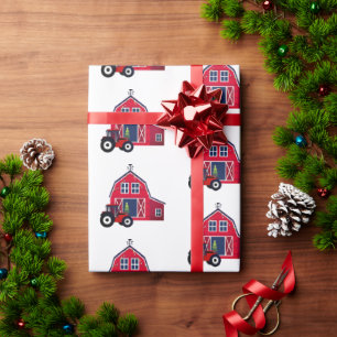 Red Christmas Barn with Tractor Wrapping Paper