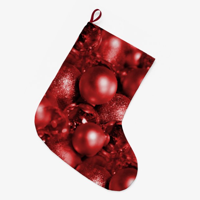 Red Christmas Baubles Large Christmas Stocking (Front (Hanging))