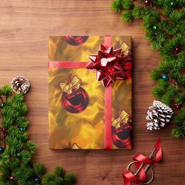 Red Christmas Baubles on Gold Wrapping Paper (Holiday Gift)