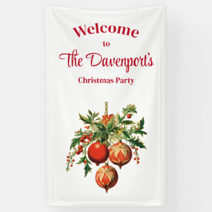 Red Christmas Baubles with Holly Festive Banner