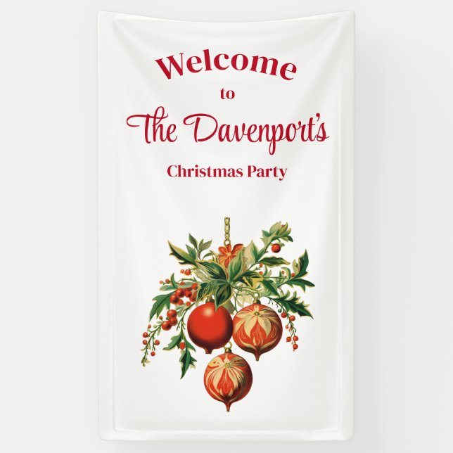 Red Christmas Baubles with Holly Festive Banner (Vertical)