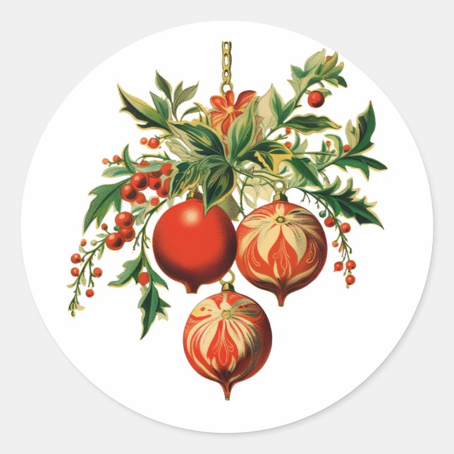 Red Christmas Baubles with Holly Festive Classic Round Sticker (Front)