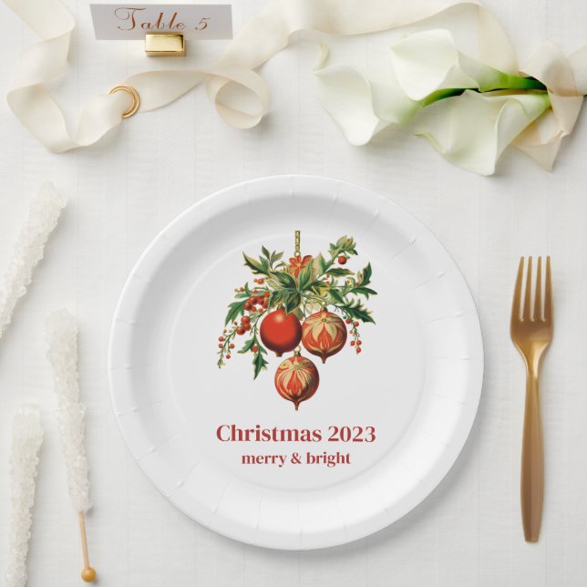 Red Christmas Baubles with Holly Festive Paper Plate (Wedding)