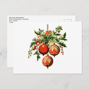 Red Christmas Baubles with Holly Festive Postcard