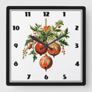 Red Christmas Baubles with Holly Festive Square Wall Clock