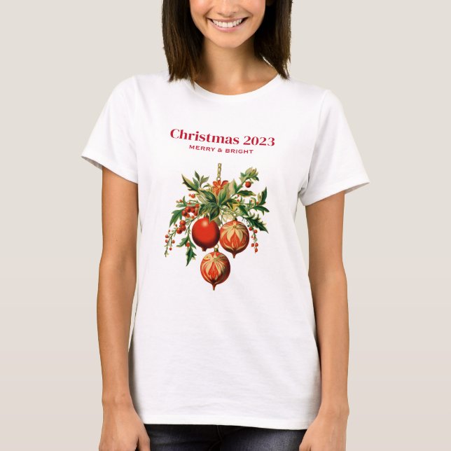 Red Christmas Baubles with Holly Festive T-Shirt (Front)