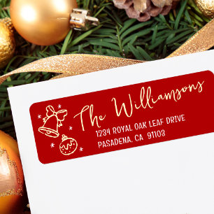 Red Christmas Bell Gold Hand Drawn Doodles Script Return Address Label