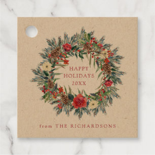 Red Christmas Berries and Pine Wreath Kraft Favour Tags