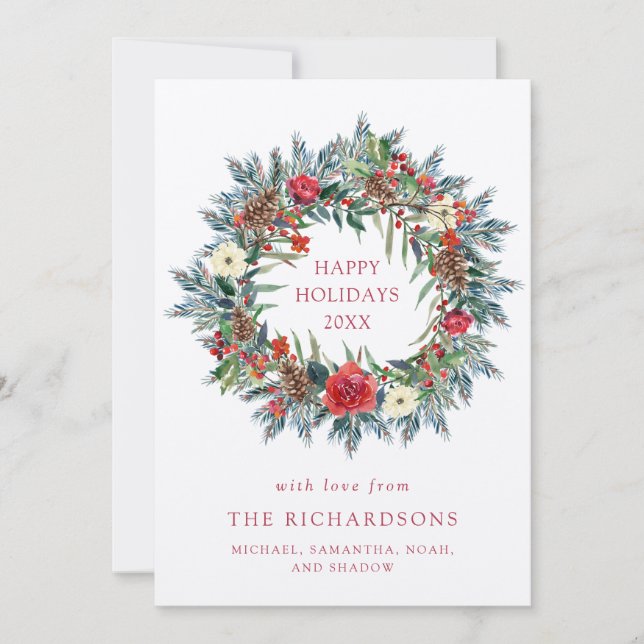 Red Christmas Berries and Pine Wreath Kraft Holiday Card (Front)