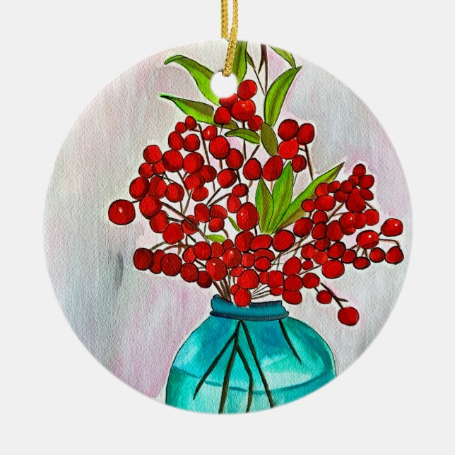 Red Christmas Berries watercolor fine art Ceramic Ornament (Front)