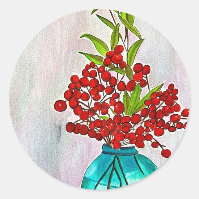 Red Christmas Berries watercolor fine art Classic Round Sticker (Front)