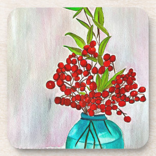 Red Christmas Berries watercolor fine art Coaster