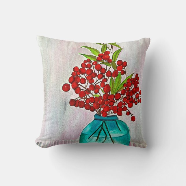 Red Christmas Berries watercolor fine art Cushion (Front)