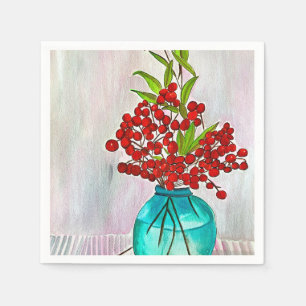 Red Christmas Berries watercolor fine art Napkin