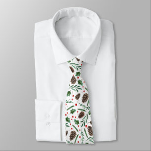 Red Christmas Berry Pinecone Pattern Holiday Tie