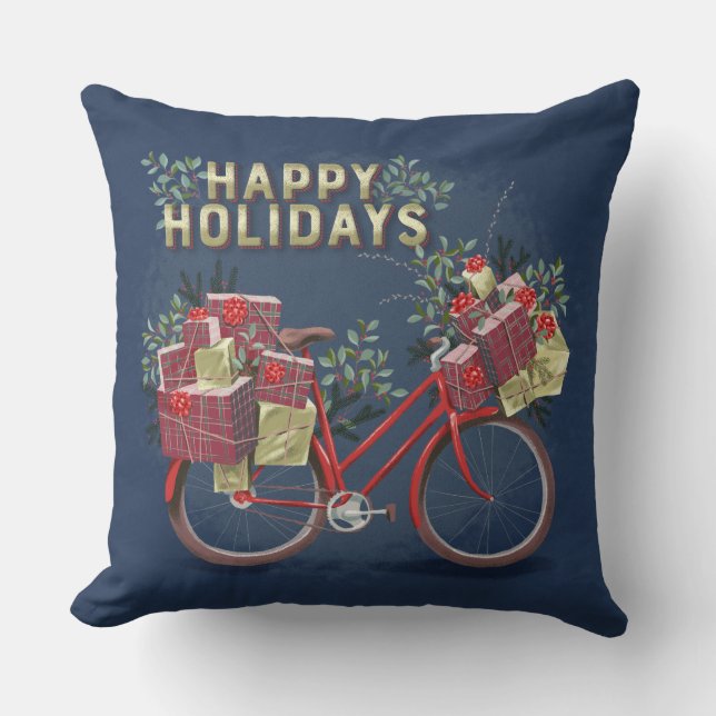 Red Christmas Bicycle with Presents Cushion (Front)