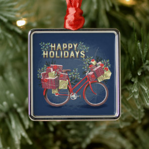 Red Christmas Bicycle with Presents Metal Ornament