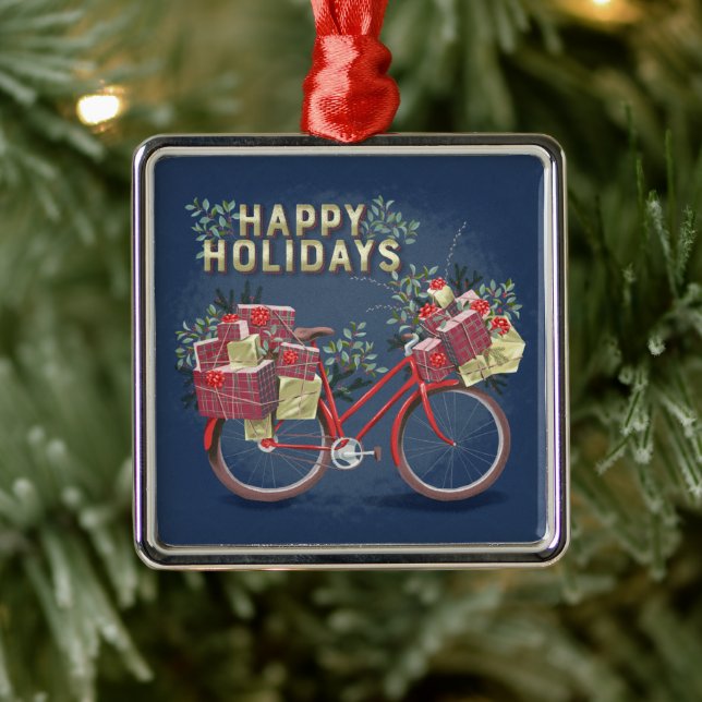 Red Christmas Bicycle with Presents Metal Ornament (Tree)