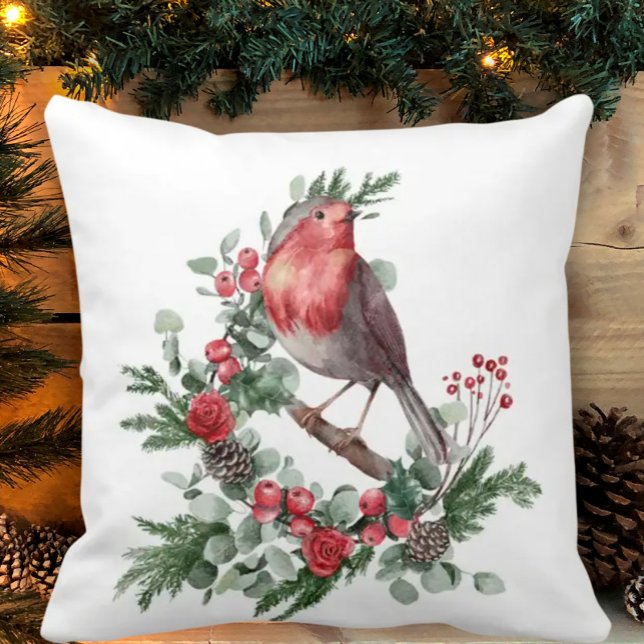 Red Christmas Bird Holly Berry Pine Cone Branches Cushion (Creator Uploaded)