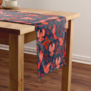 Red Christmas birds flowers pattern Short Table Runner