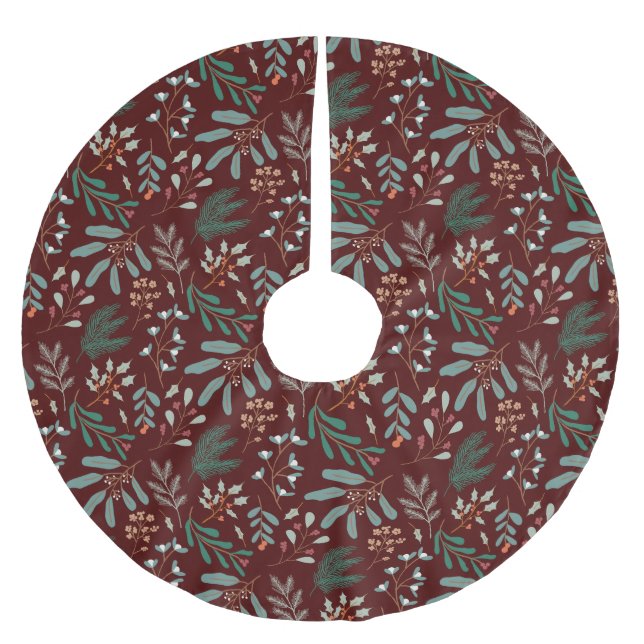 Red Christmas Botanical  Brushed Polyester Tree Skirt (Front)