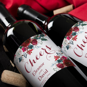 Red Christmas botanical floral cheers wedding Wine Label