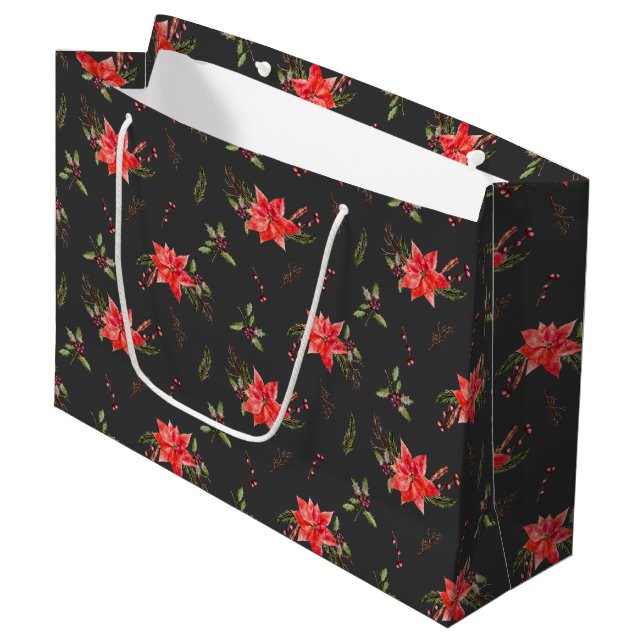 Red Christmas Botanical Pattern Large Gift Bag (Front Angled)