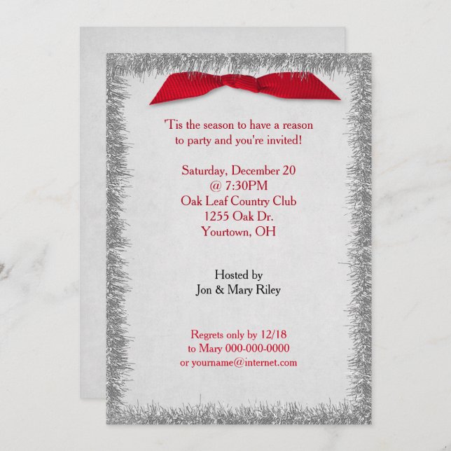 Red Christmas Bow and Silver Tinsel Invitation (Front/Back)