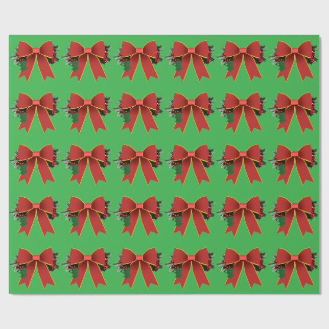 Red Christmas Bow Green Wrapping Paper (Flat)