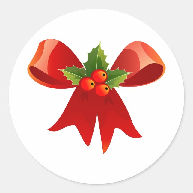 Red Christmas Bow with Holly Classic Round Sticker (Front)