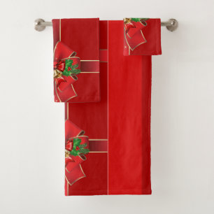 Red Christmas Bows Bells Holidays Bath Towel Set