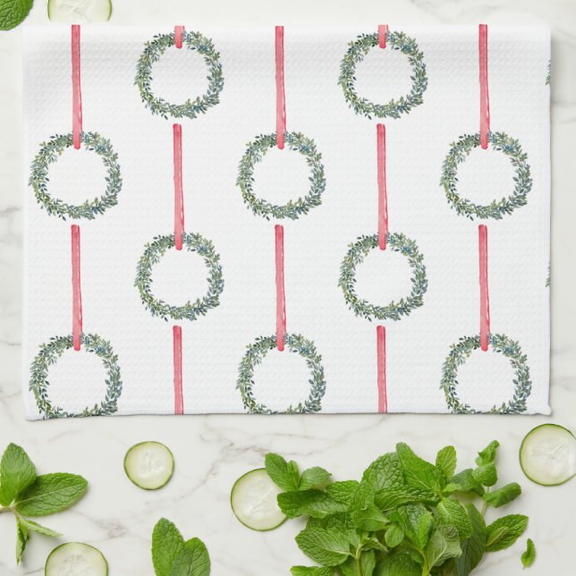 Red Christmas Boxwood Wreath Tea Towel (Folded)