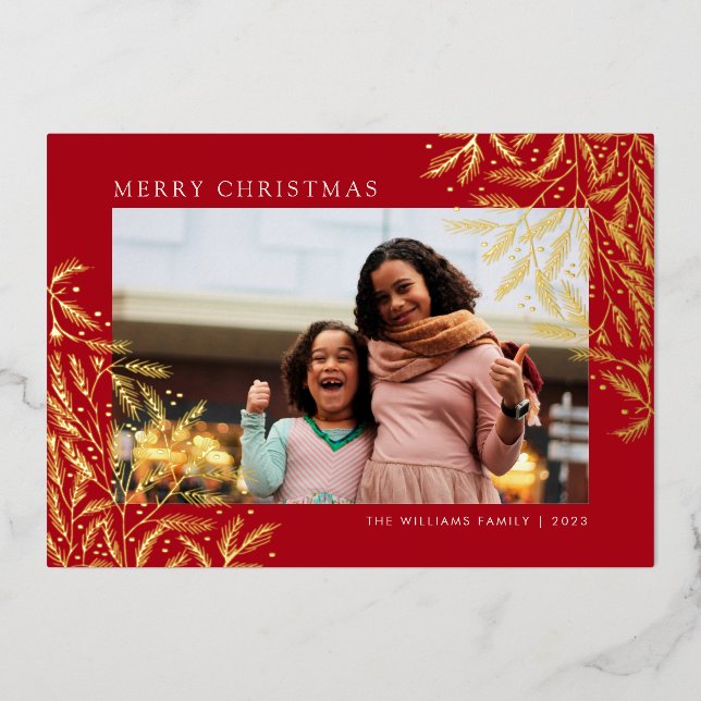 Red Christmas Branches Foil Holiday Photo Card (Front)