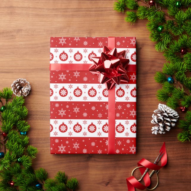 Red Christmas Bubbles and Snowflakes Pattern Wrapping Paper (Holiday Gift)