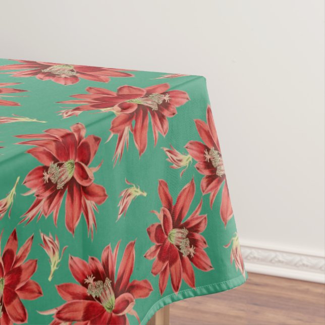 Red Christmas Cactus Flowers on Green Pattern Tablecloth (In Situ)