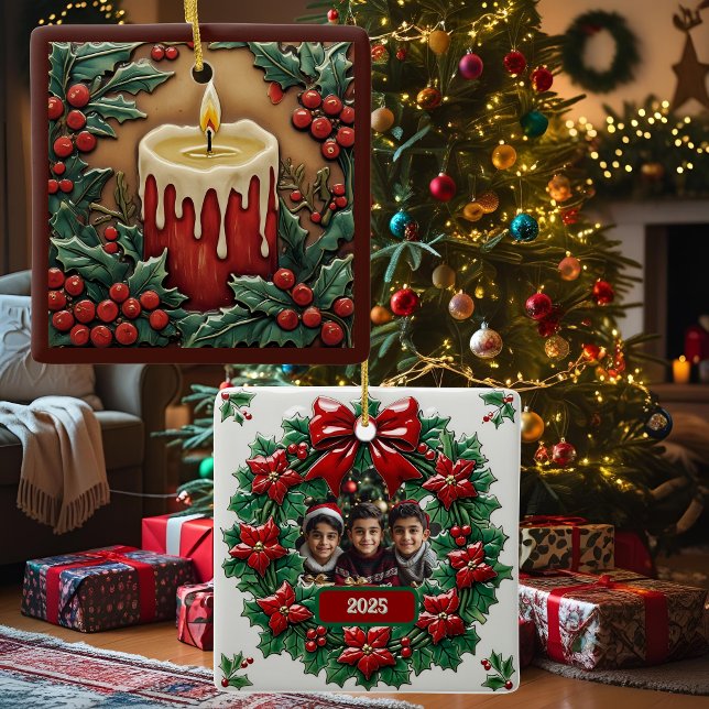 Red Christmas Candle Customisable Square Ceramic Ornament (Creator Uploaded)