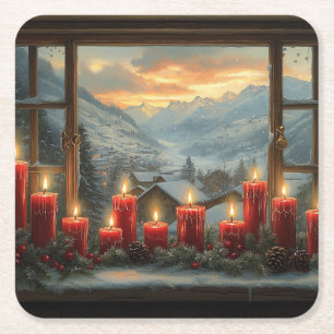 Red Christmas Candles Pine Cones Beautiful Winter  Square Paper Coaster