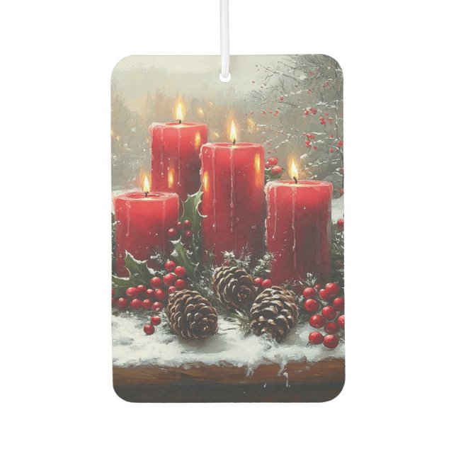 Red Christmas Candles Pine Cones Holly Car Air Freshener (Front)