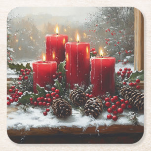 Red Christmas Candles Pine Cones Holly Square Paper Coaster