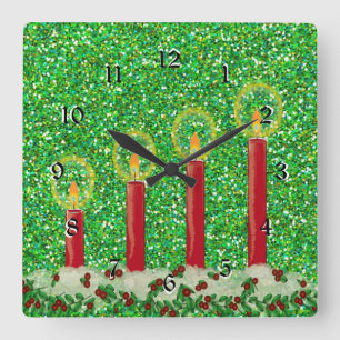 Red Christmas Candles, pretty sparkling design Square Wall Clock
