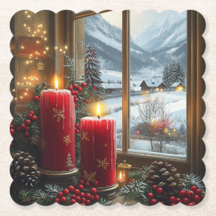 Red Christmas Candles Red Berries Pine Cones Paper Coaster