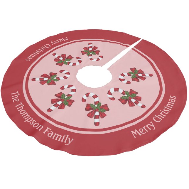 Red Christmas Candy Canes With Custom Family Name Brushed Polyester Tree Skirt (Angled)
