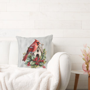 Red Christmas Cardinal At the Bird House  Cushion