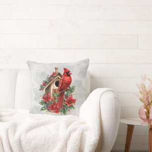 Red Christmas Cardinal AT the Bird House  Cushion