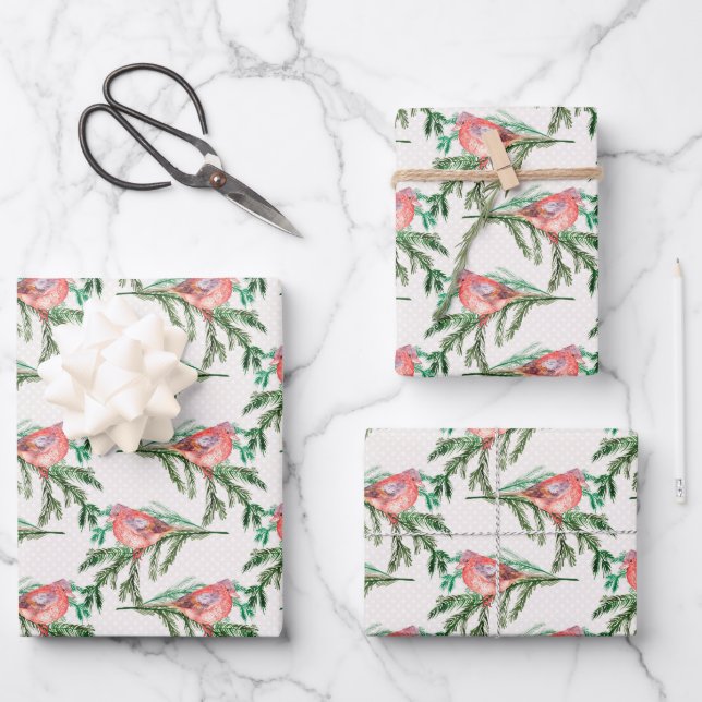 Red Christmas Cardinal On Pine Branches Wrapping Paper Sheet (Front)