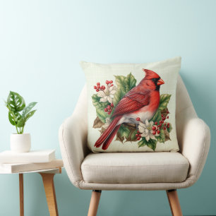 Red Christmas Cardinal Poinsettias Holly Berries Cushion
