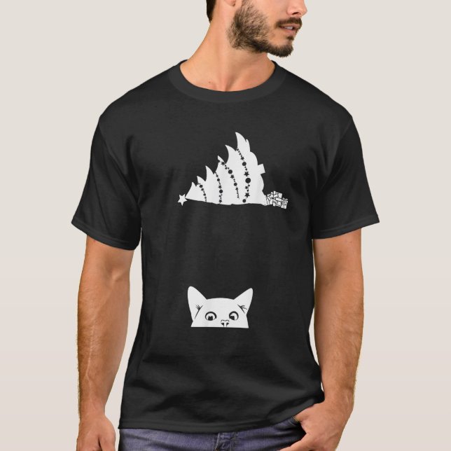 Red Christmas Cat Tipping Xmas Tree Over Meowy Cat T-Shirt (Front)