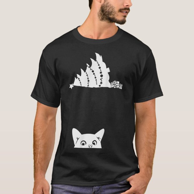 Red Christmas Cat Tipping Xmas Tree Over Meowy Cat T-Shirt (Front)