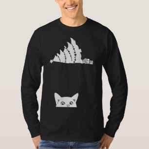 Red Christmas Cat Tipping Xmas Tree Over Meowy Cat T-Shirt