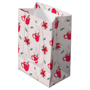 Red Christmas Coffee Cup sprigs of holly Medium Gift Bag